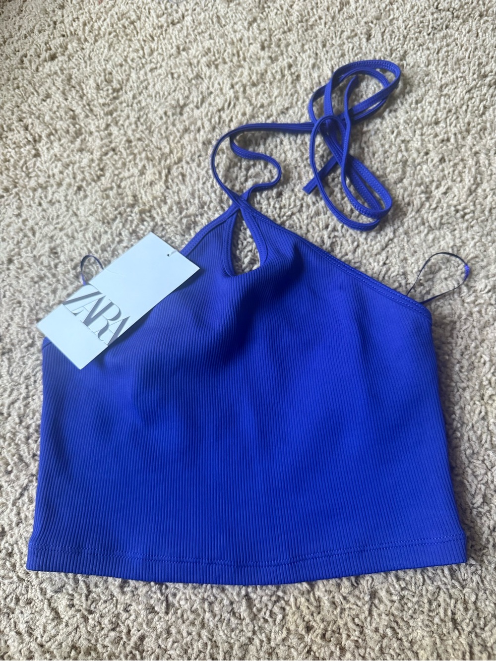 Zara Ribbed Halter Crop Top in Cobalt Blue